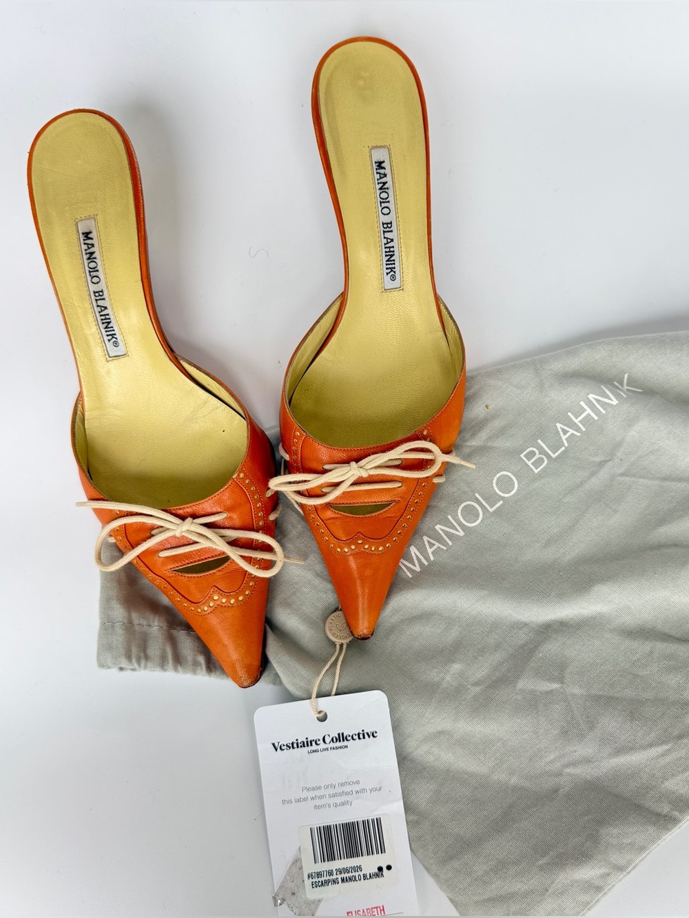 Vintage Manolo Blahnik Orange Pointed Lace-Up Mule with Laces size US 7 - Picture 6 of 6